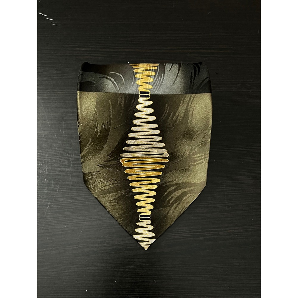 DiMoggio Mens Pure Silk Tie Abstract‎ Gold Wave Geometric Olive Green Hand Made